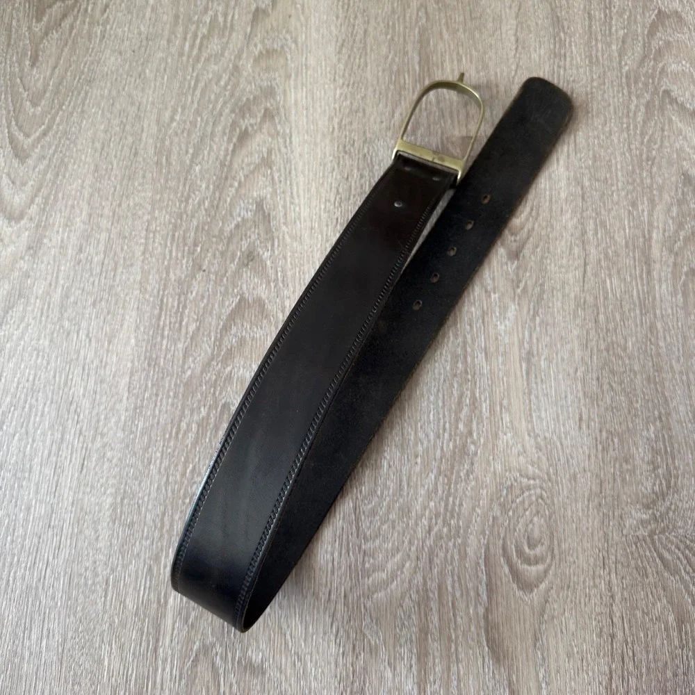 VTG Italian Leather Belt Brass Stirrup Hook Buckle Dark Brown Made in Italy 36